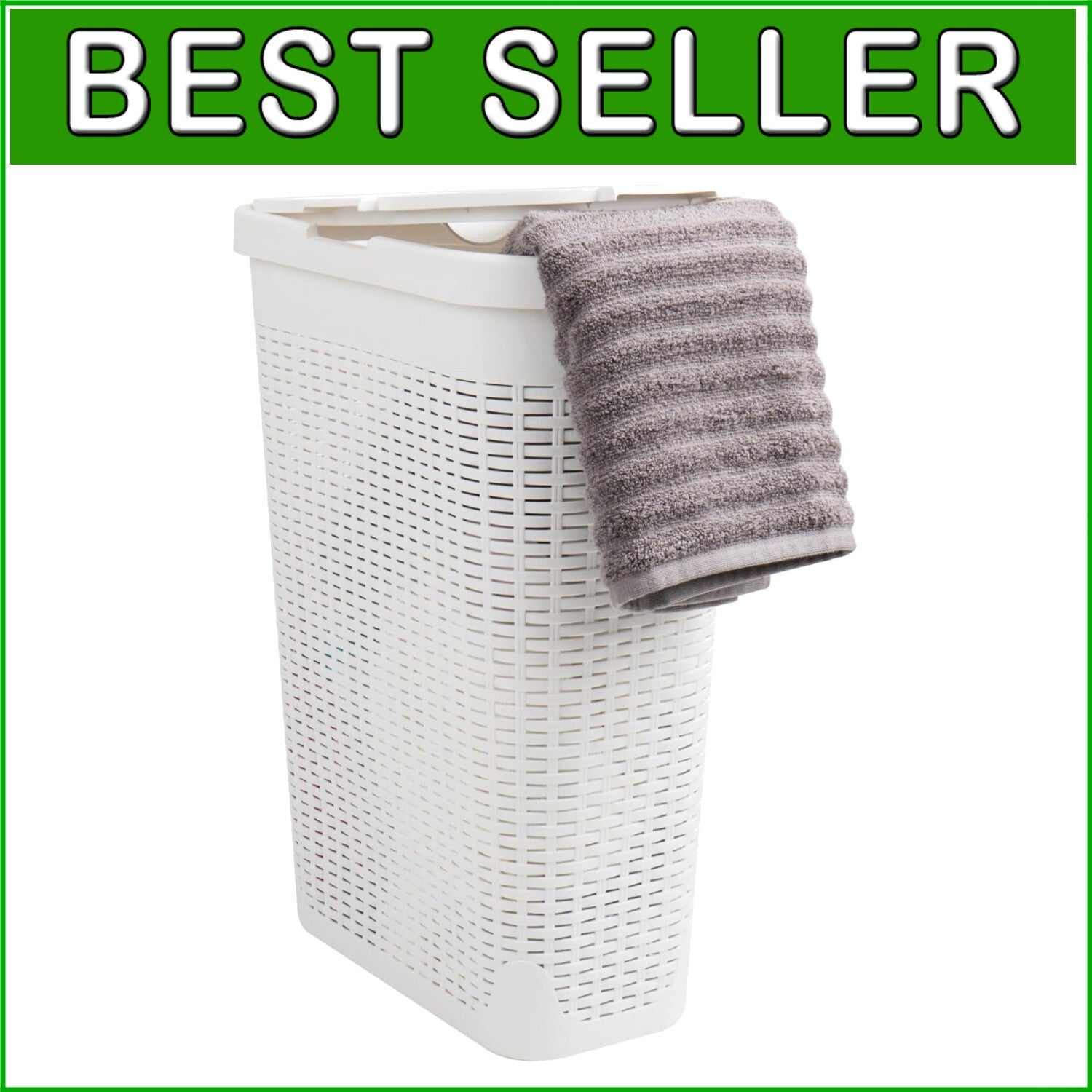 Chic Space-Saving 40L Wicker Laundry Basket with Ventilated Lid - White Plastic