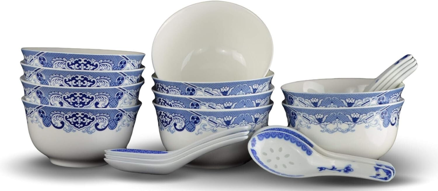 Traditional Blue & White Floral Soup Bowls Set of 6 with Free Porcelain Spoons