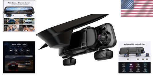 12'' 4-Channel Mirror Dash Cam with 360° View, GPS & Night Vision - 128GB Card