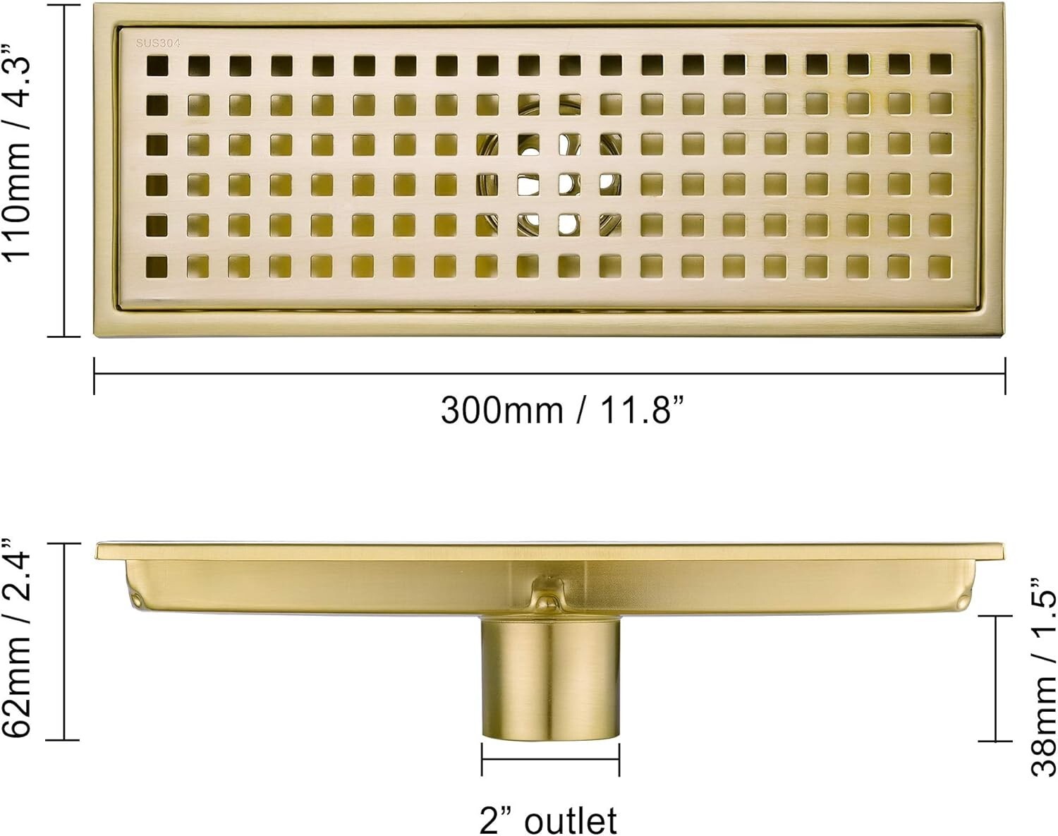 Durable 12 Inch Shower Drain in Brushed Gold - Rustproof Stainless Steel Design