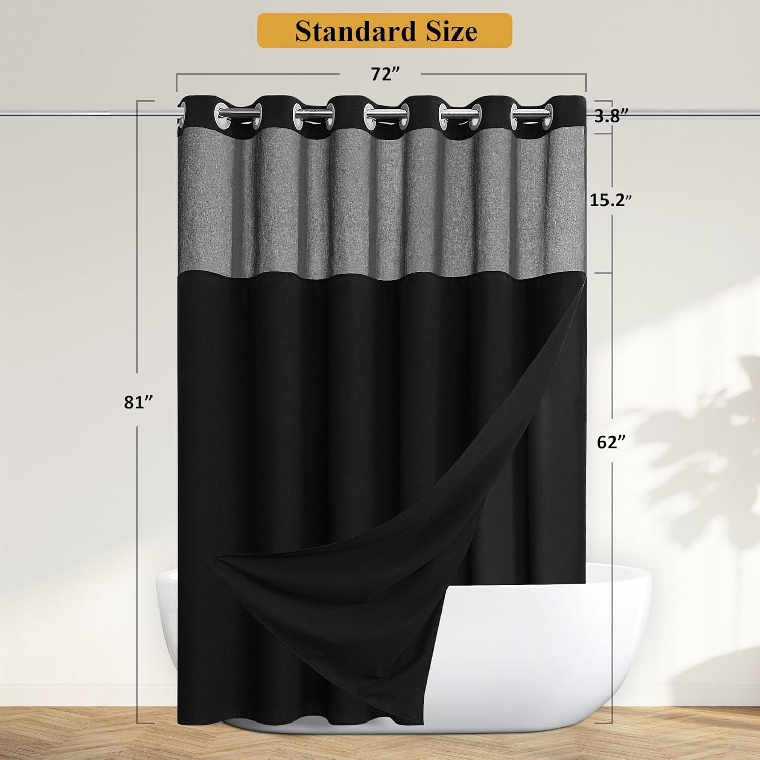 Black Hotel Luxury Shower Curtain and Liner Set with Removable Liner, 72W x 81L