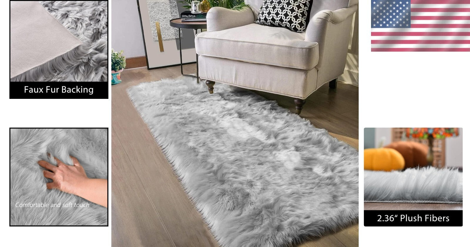 Elegant Grey Faux Fur Runner Rug 2x8 ft - Machine Washable & Fade Resistant