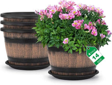 Load image into Gallery viewer, Large Plastic 4-Pack 14" Whiskey Barrel Planters with Drainage Holes &amp; Saucer
