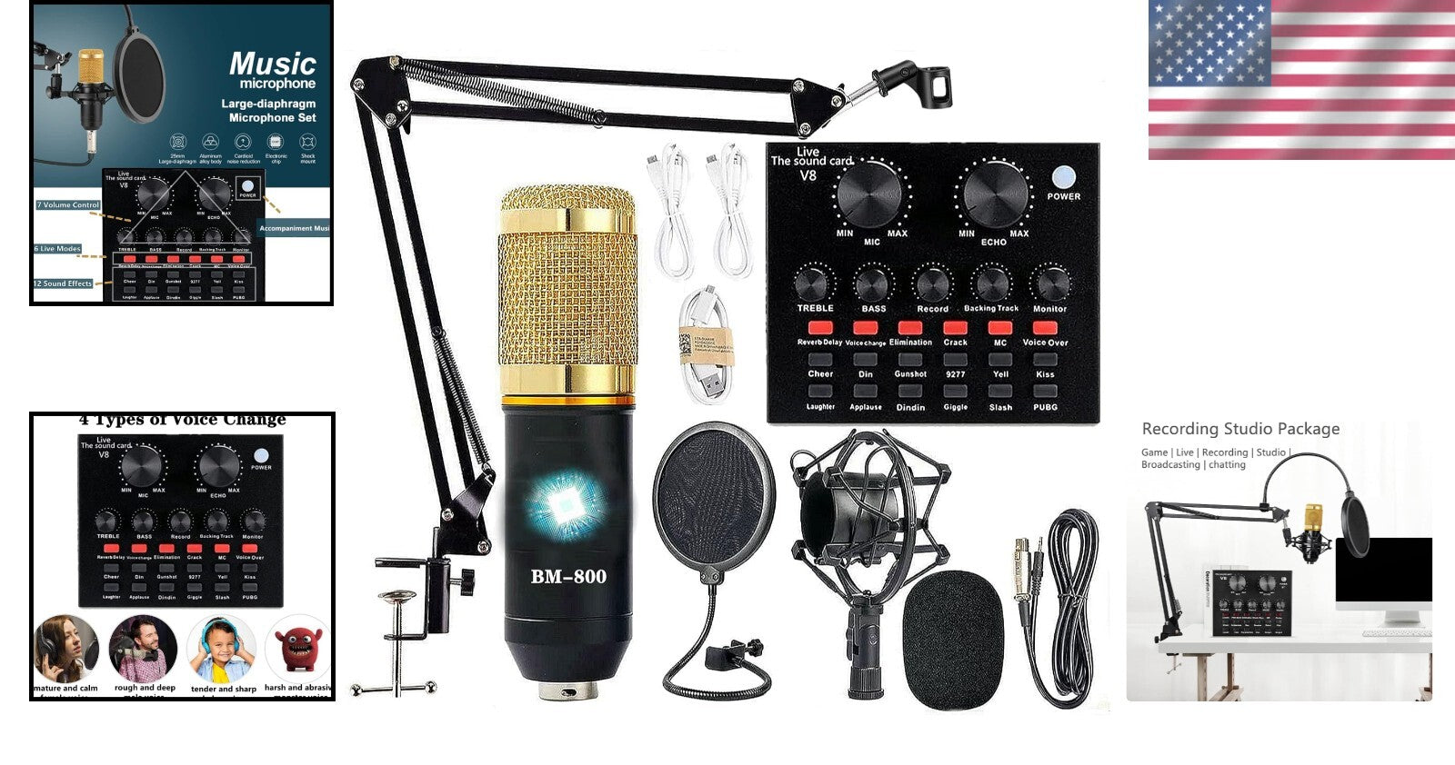 Professional Podcast Recording Bundle - BM-800 Mic, Live Sound Card & Effects