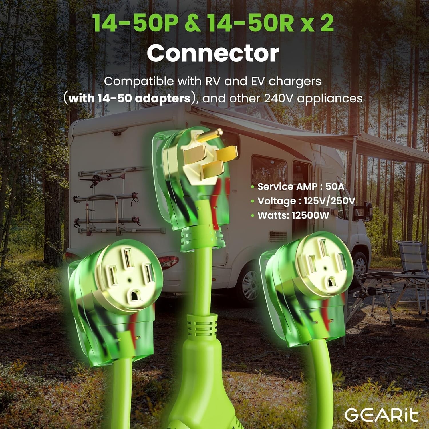 Bright Green 50A Y Splitter Adapter for RV & EV - NEMA 14-50P to 2 NEMA 14-50R