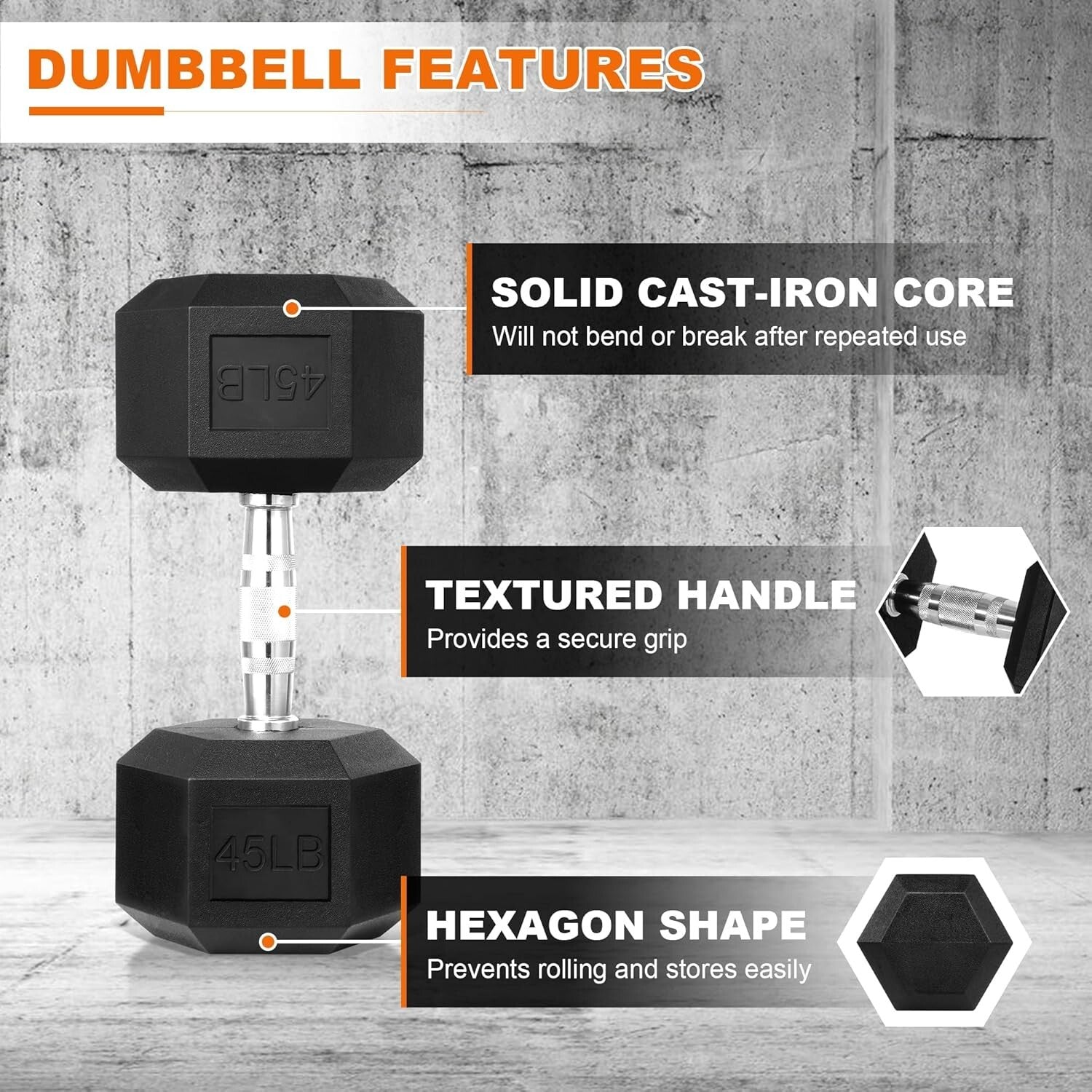 Strengthen Muscles with 45 lb Rubber Encased Hex Dumbbell - Ideal for Gym & Home