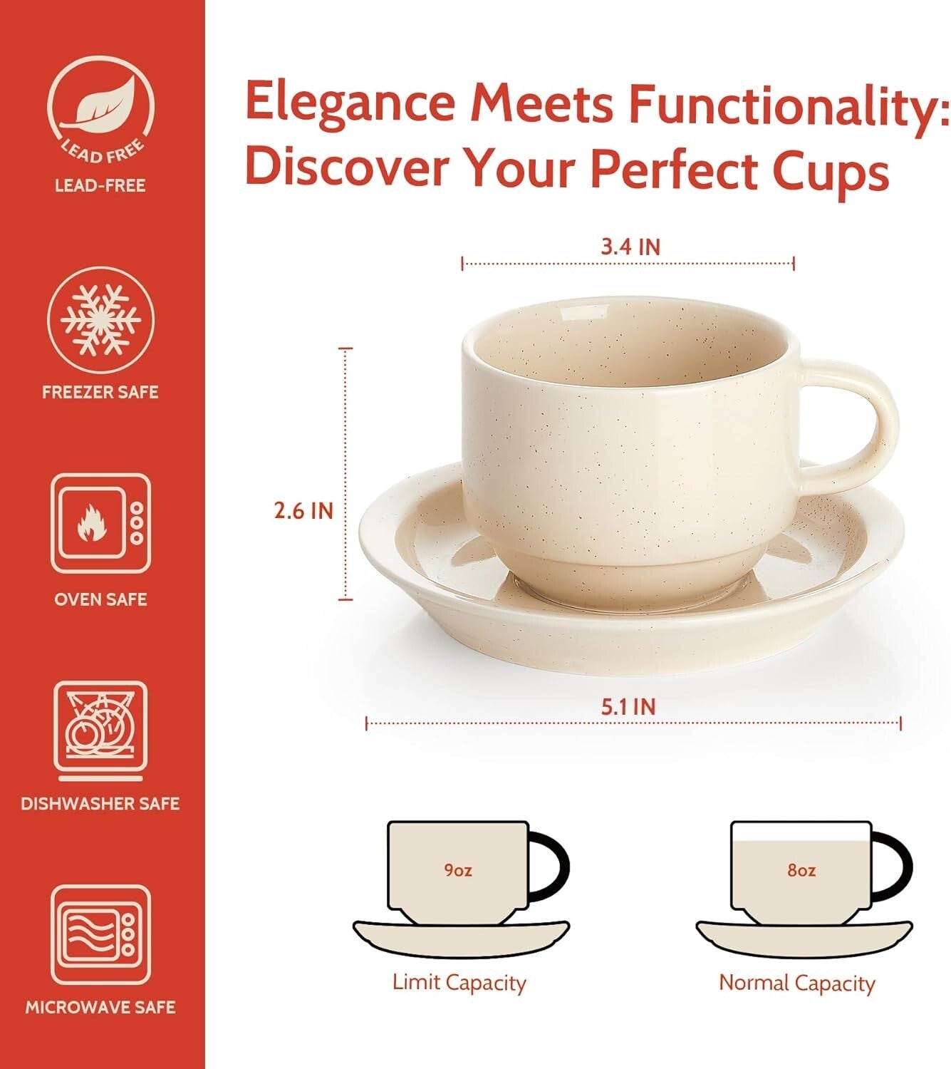 Durable Porcelain 8oz Cappuccino Cups & Saucers Bundle - Ideal for Coffee Lovers