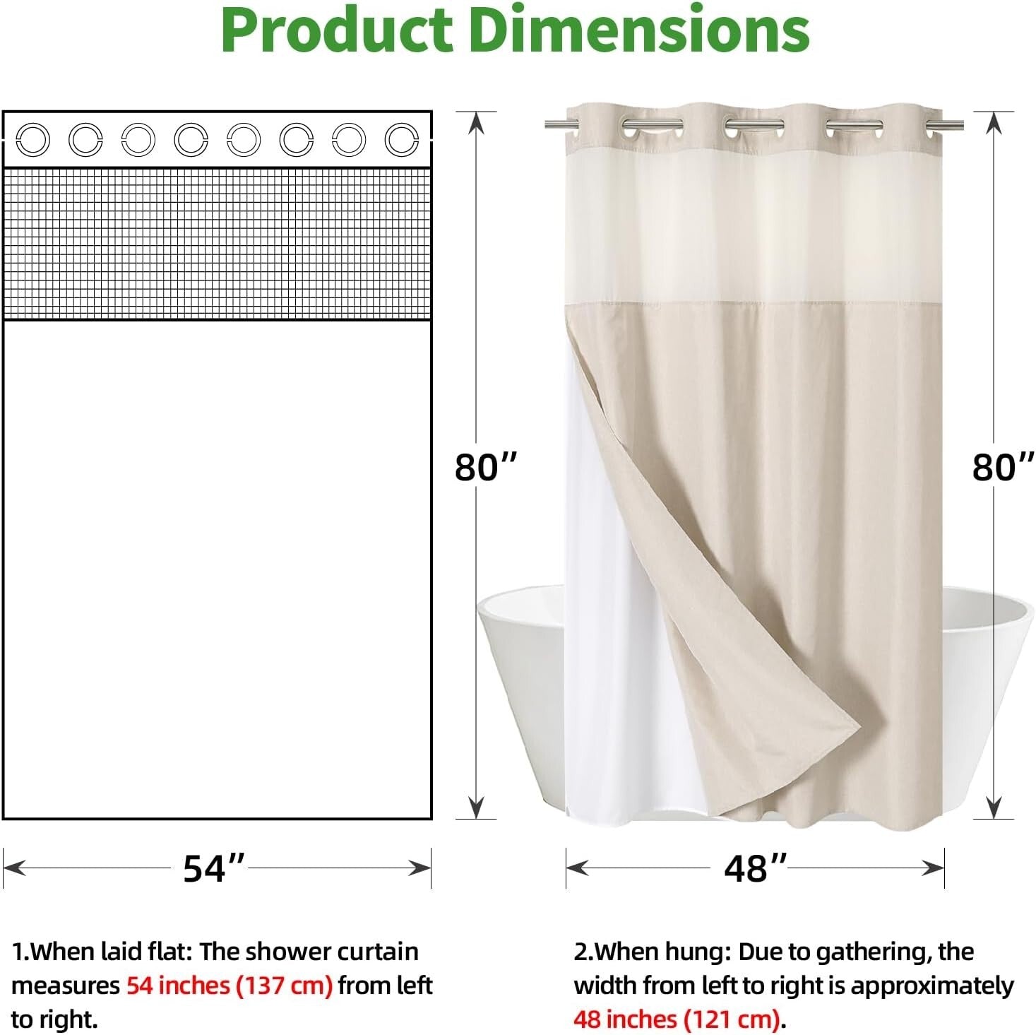 Luxury Linen Textured Waterproof Shower Curtain with Snap-in Liner Set, Cream