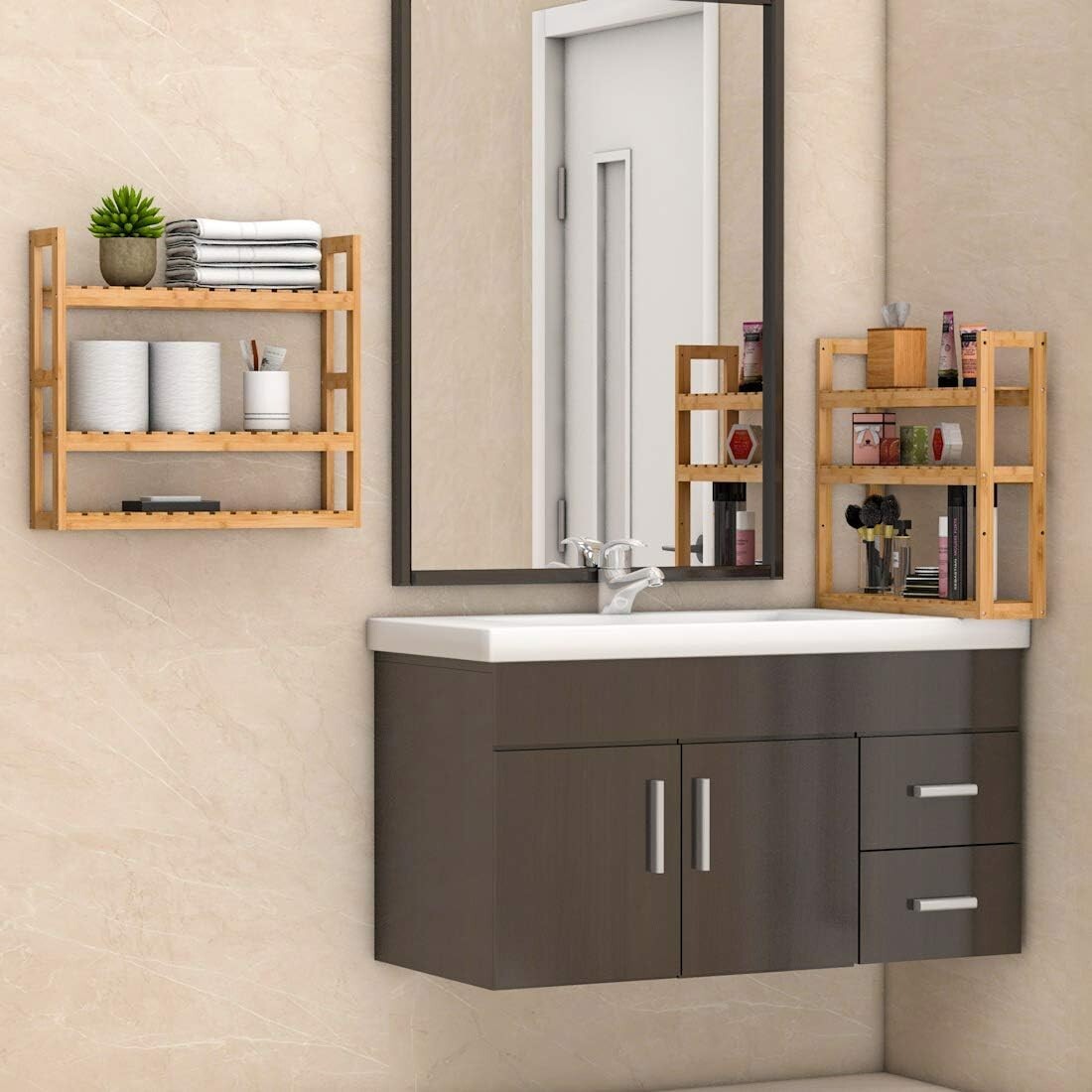 Adjustable 3-Tier Bamboo Wall Shelf for Elegant Bathroom and Living Room Storage