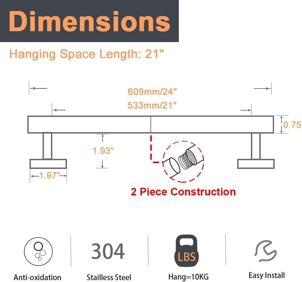 304 Stainless Steel 2-Pack Wall-Mounted Towel Rack - Elegant Matte Black Design