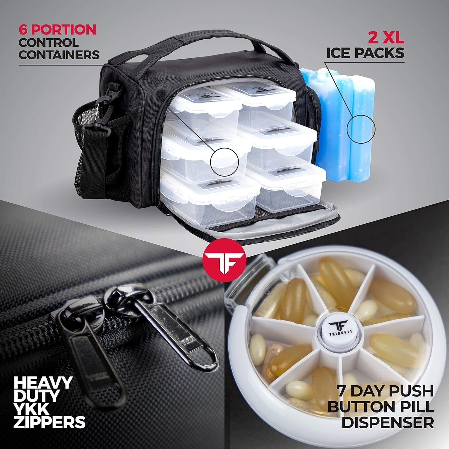 Double Insulated Meal Prep Lunch Bag with 6 Reusable Food Containers & Ice Packs