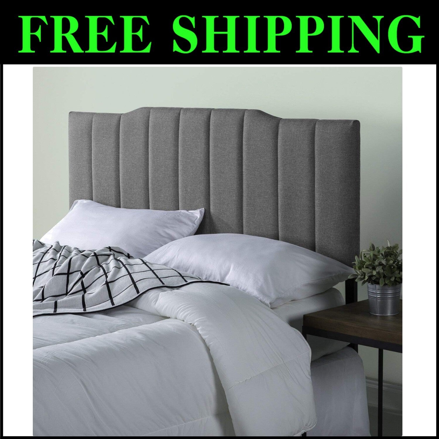 Classic Full Size Upholstered Headboard with Channel Stitched Design in Gray