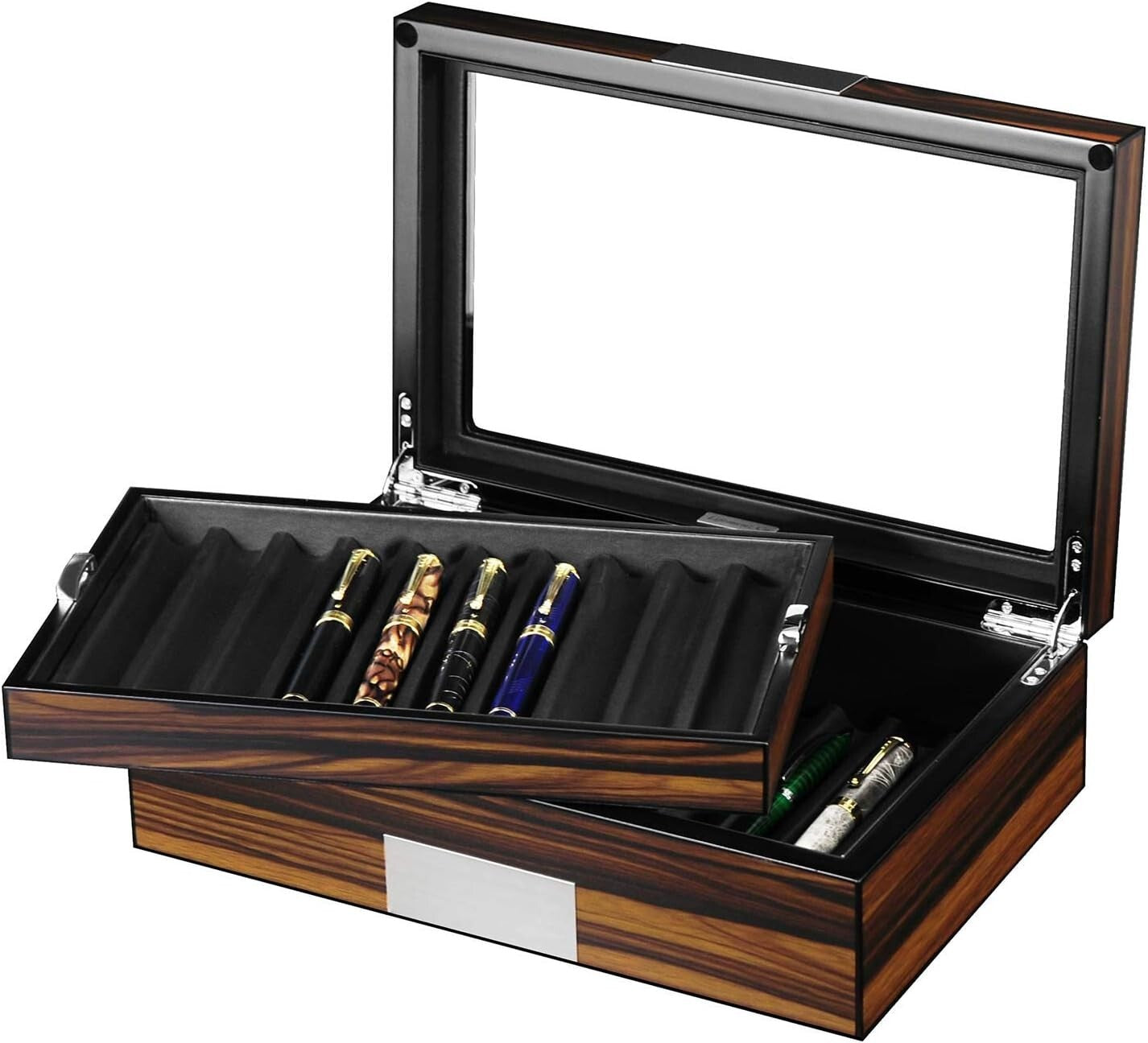 Portable Ebony Wood Pen Case with Glass Window - Protects & Displays 20 Pens