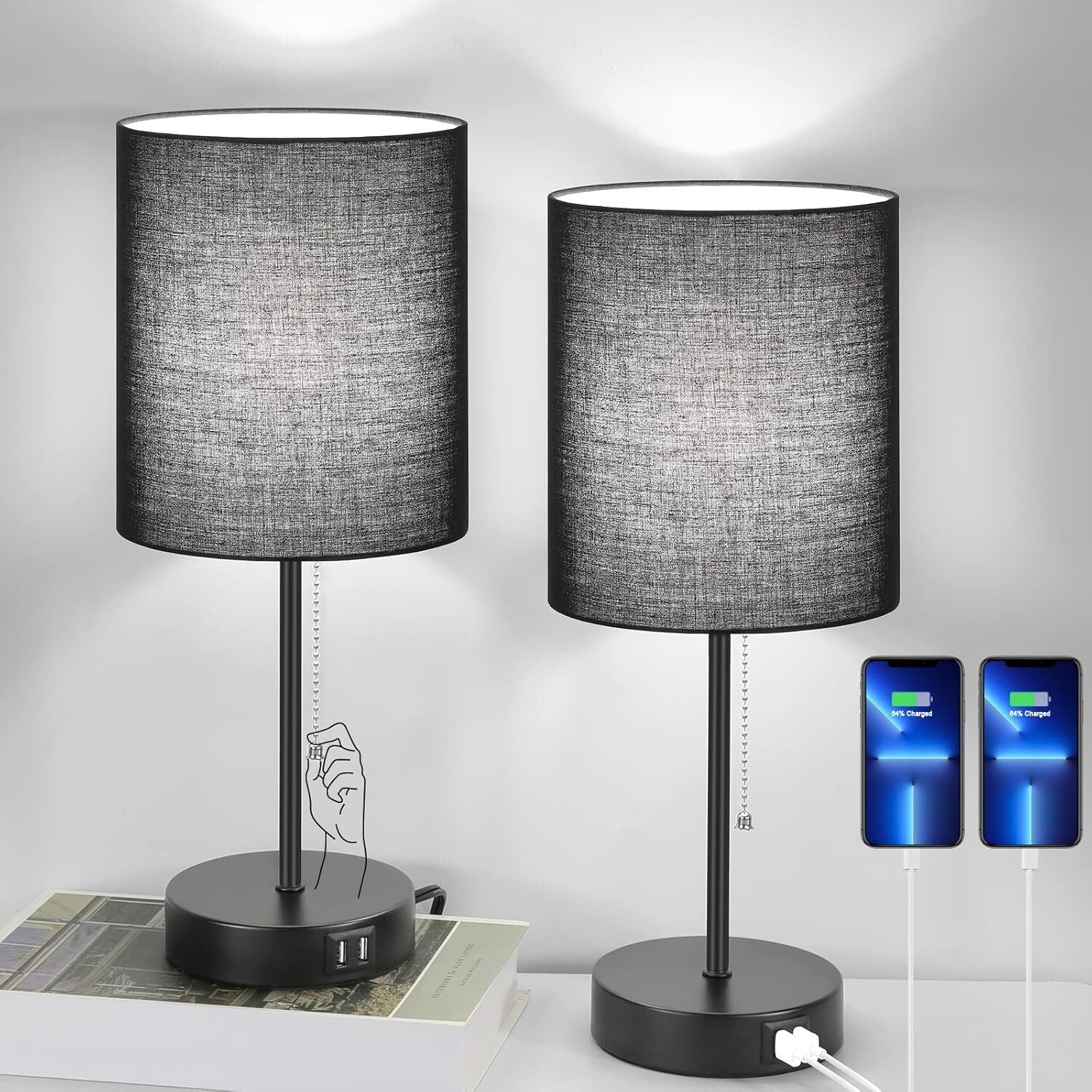 Contemporary Black Table Lamps Set with AC Outlet & Fabric Shade for Ambiance