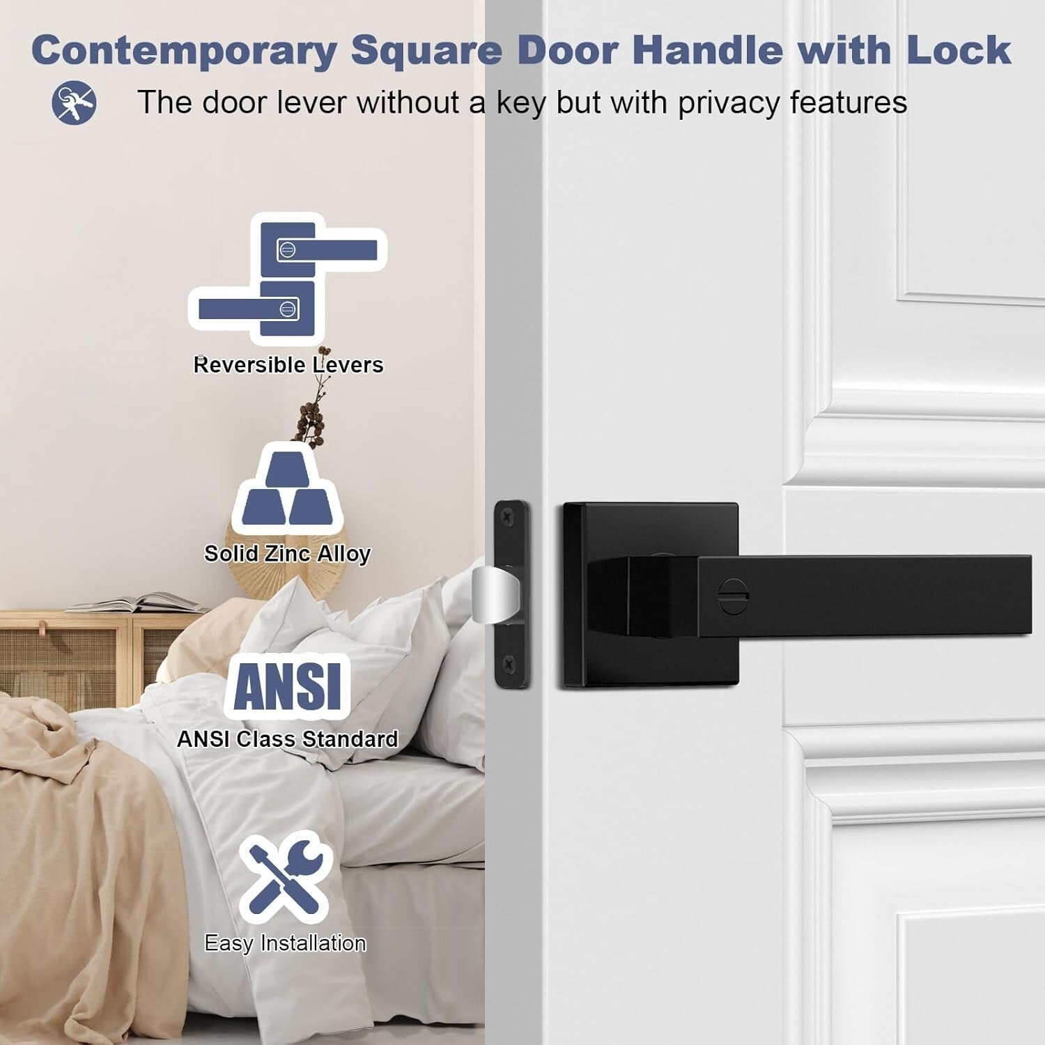 Elegant 5-Pack Black Door Levers with Lock - Durable Zinc Alloy for Modern Homes