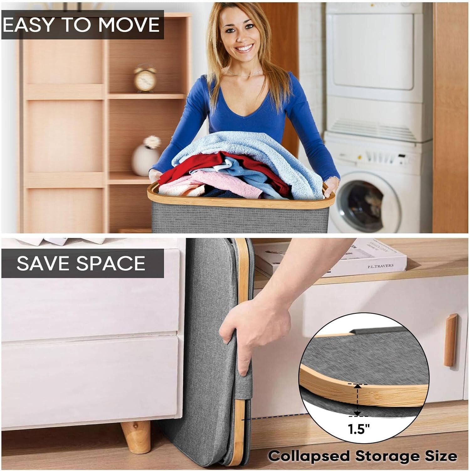 Elegant 36 Gal Bamboo Laundry Hamper with Lid - Portable and Durable Design