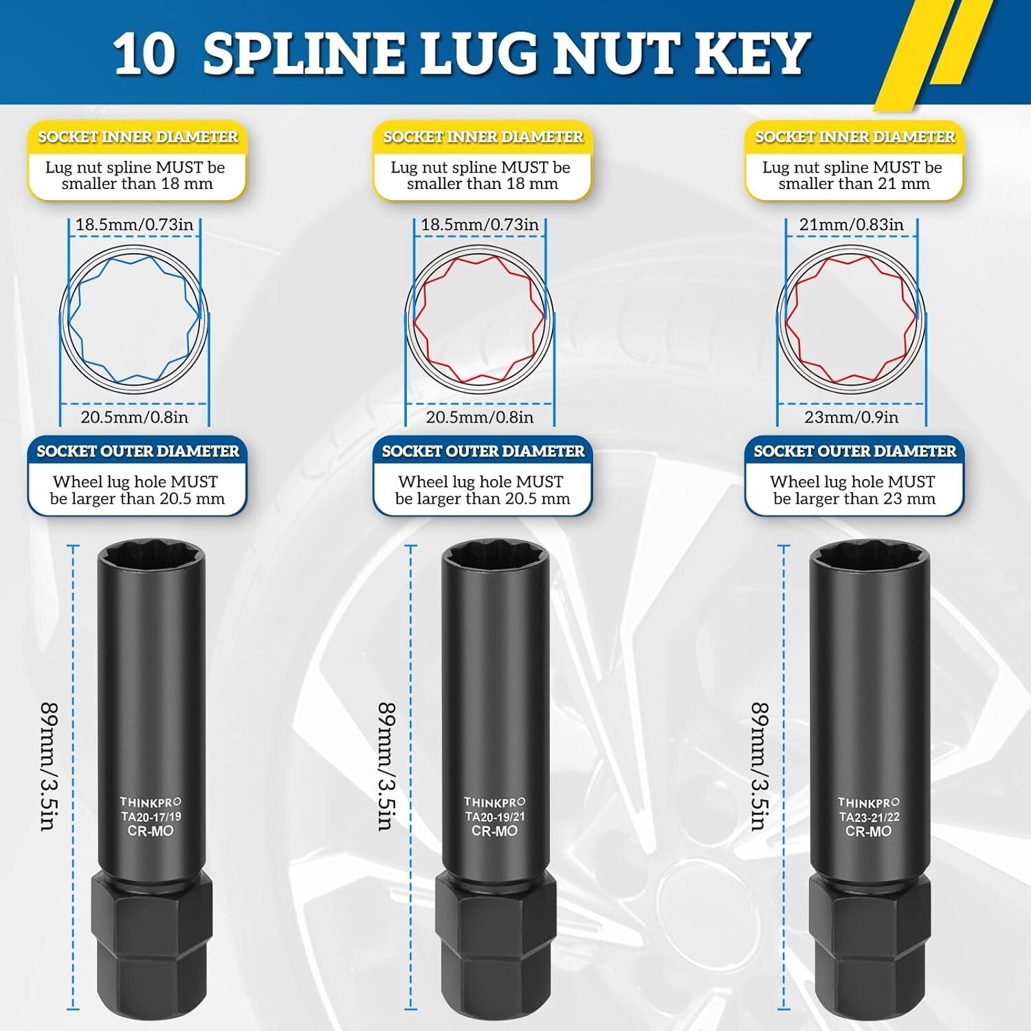 10-Spline Lug Nut Key Set - Compatible with Bimecc 3-Piece Wheel Lock Tool