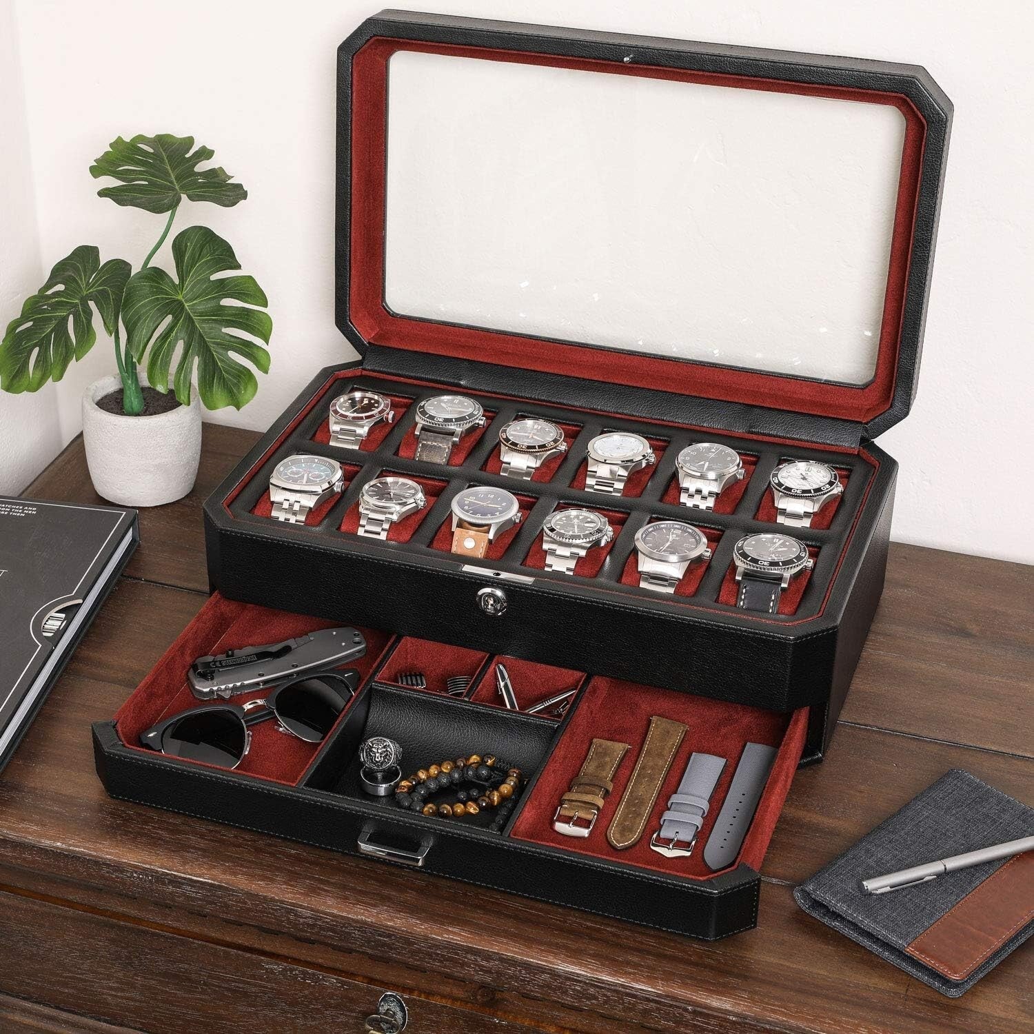Stylish Black/Red Watch Storage Box with Key Lock & 12 Slots for Men & Women