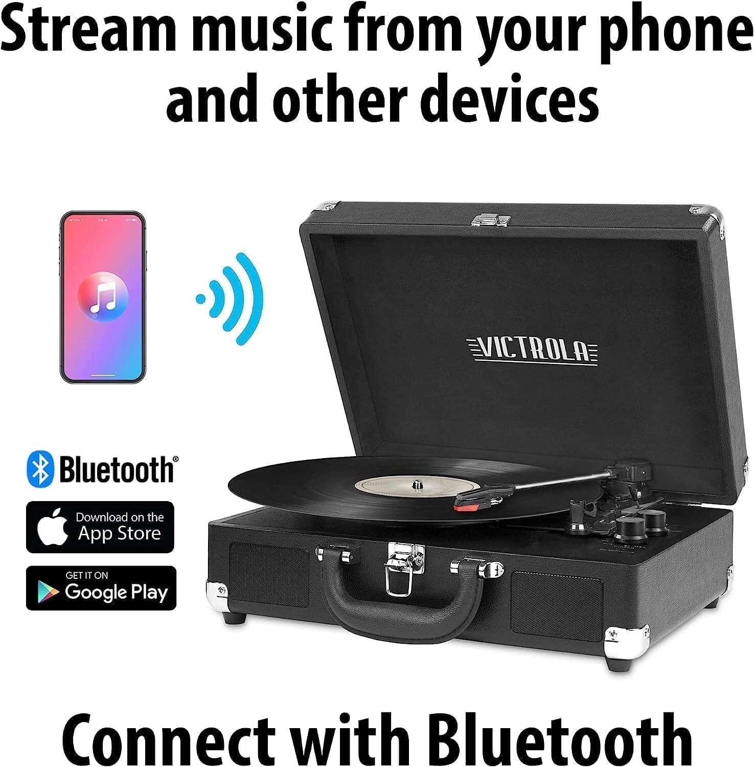 Portable 3-Speed Suitcase Turntable with Upgraded Sound and Bluetooth Speakers