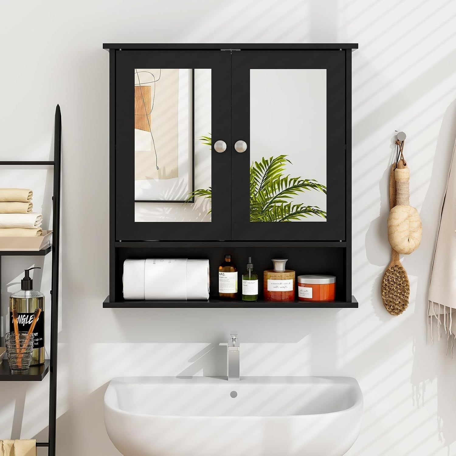 Black Wooden Bathroom Organizer with Double Mirror Doors - Space-Saving Design