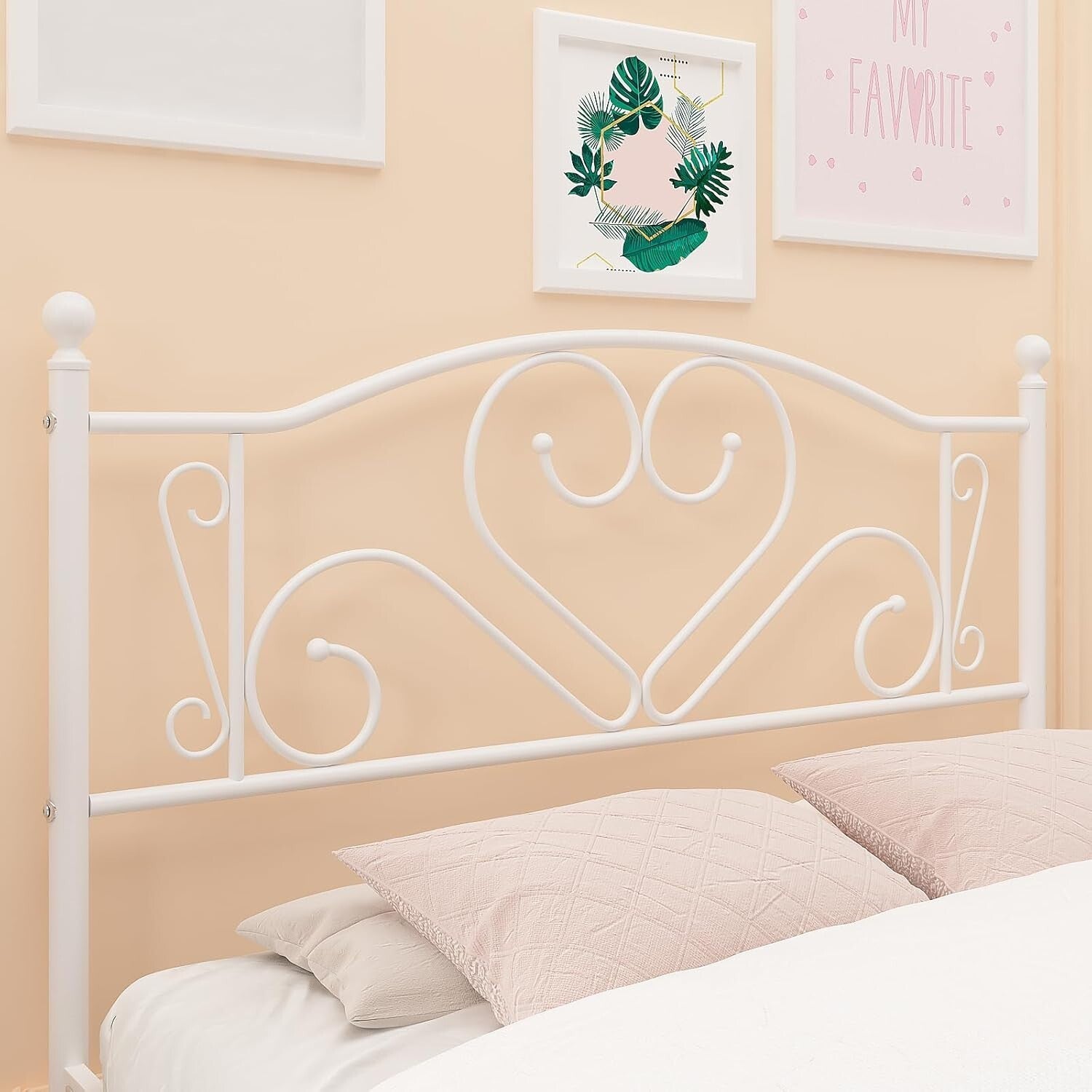 Full Size Bed Frame with Heart-Shaped Headboard & Under-Bed Storage - White