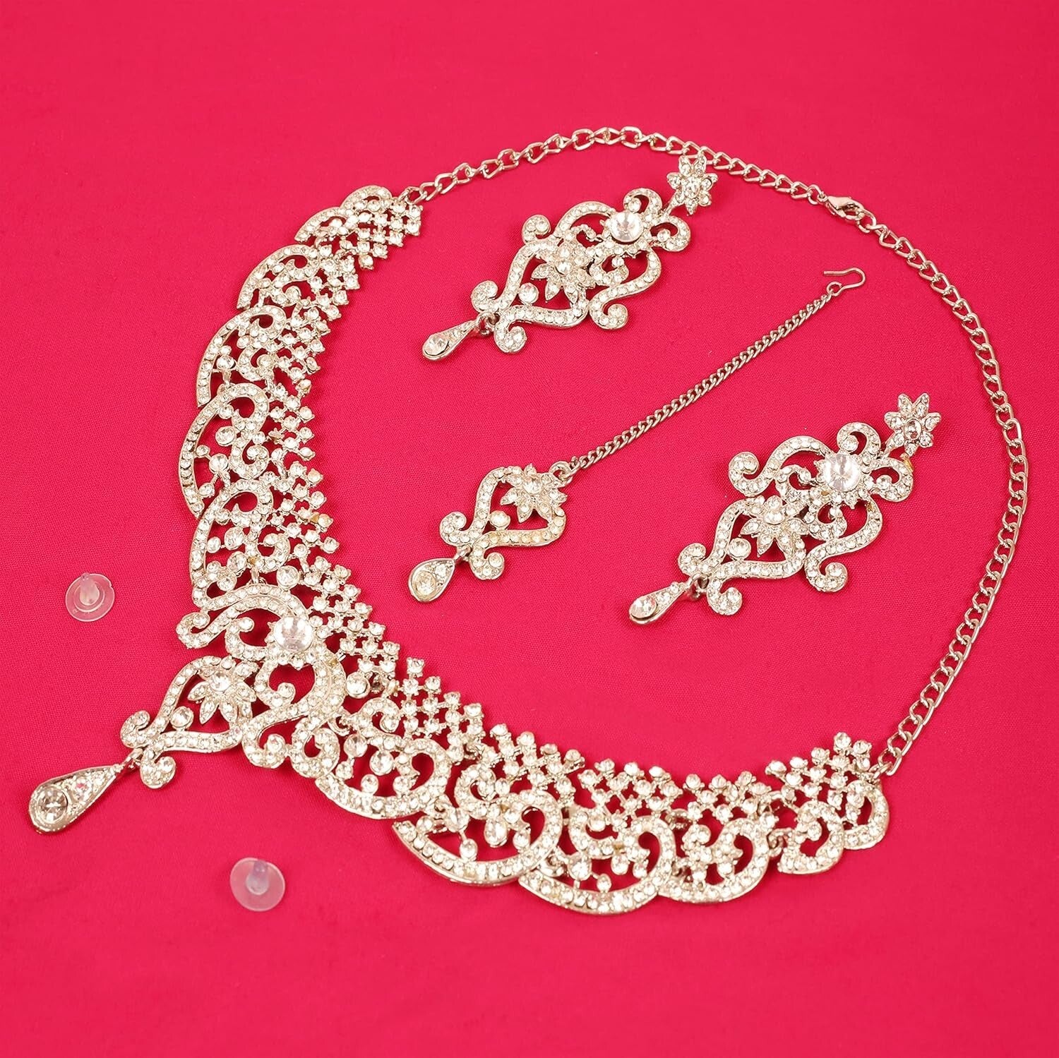 Bridal Elegance: White Crystal Jewelry Set with Necklace & Extra Long Earrings