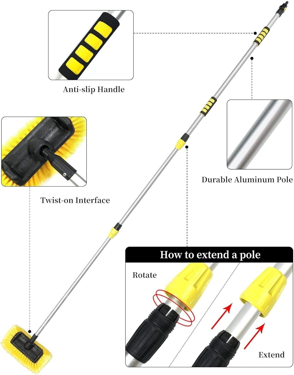 Efficient Telescopic Car Wash Brush - 5-12ft Long with Hose Adapter for Easy Use