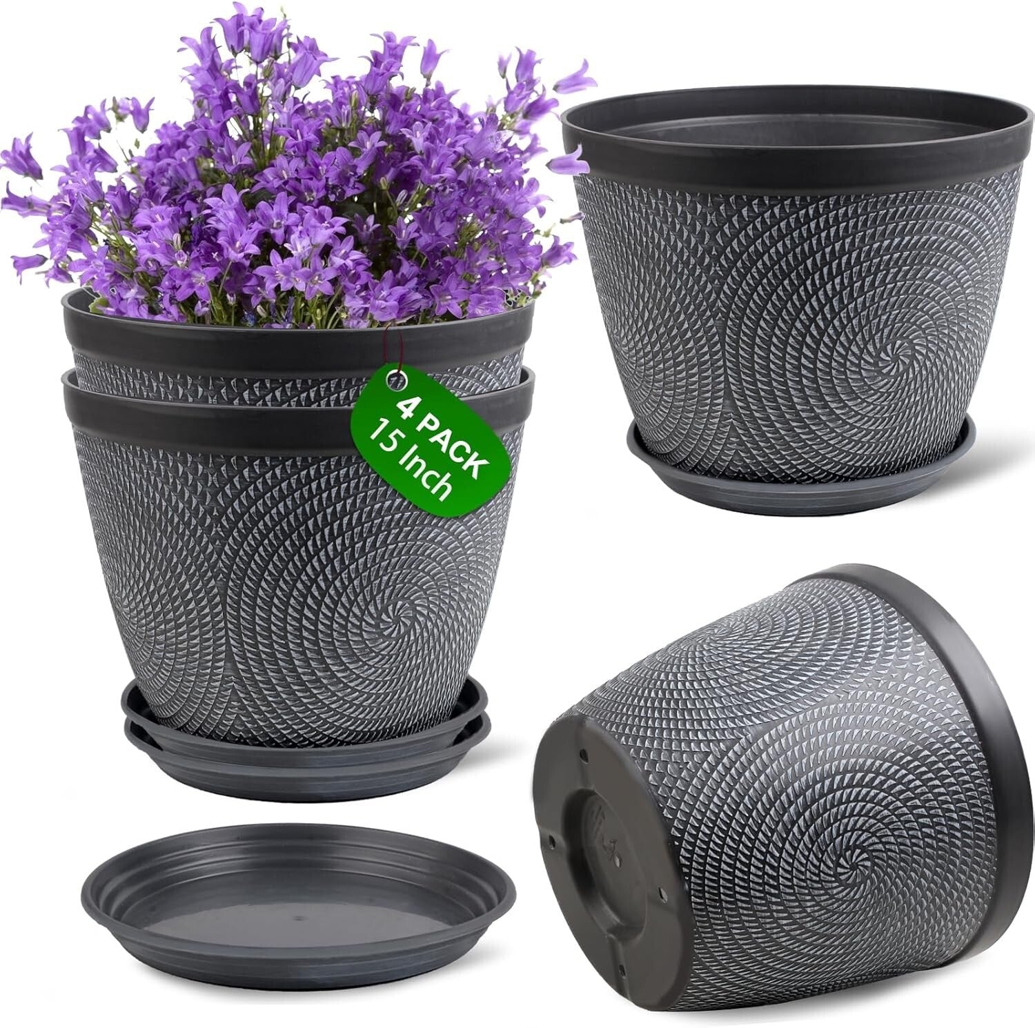 15-Inch Stylish Gray Planters with Trays - Perfect for Indoor & Outdoor Plants