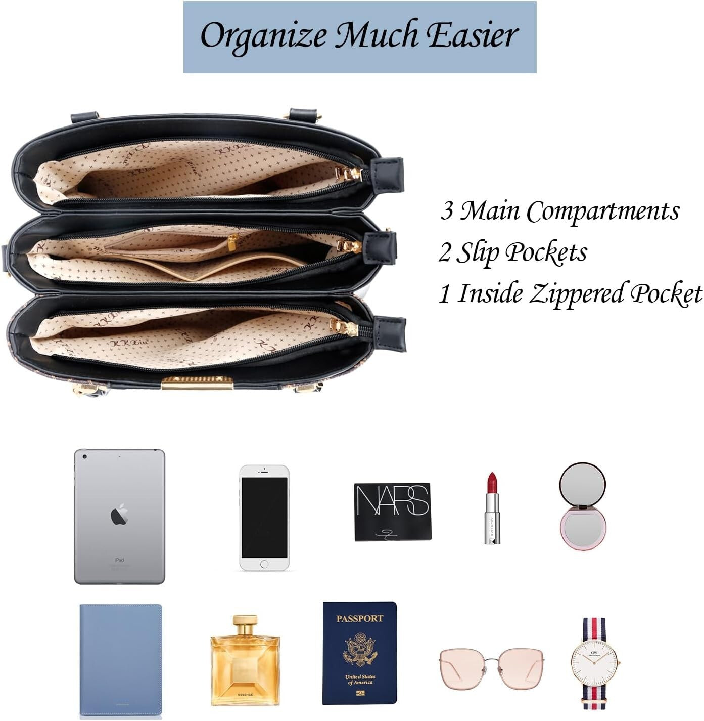 Elegant Floral Vegan Leather Handbag with 3 Zippered Compartments for Women