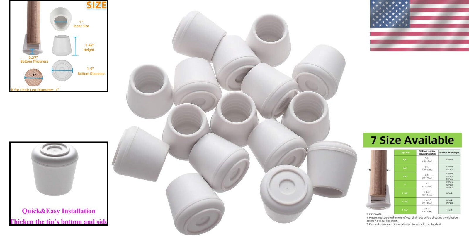 Stylish White Non-Slip Rubber Floor Protectors – 64 Chair Leg Tips, 1” Diameter