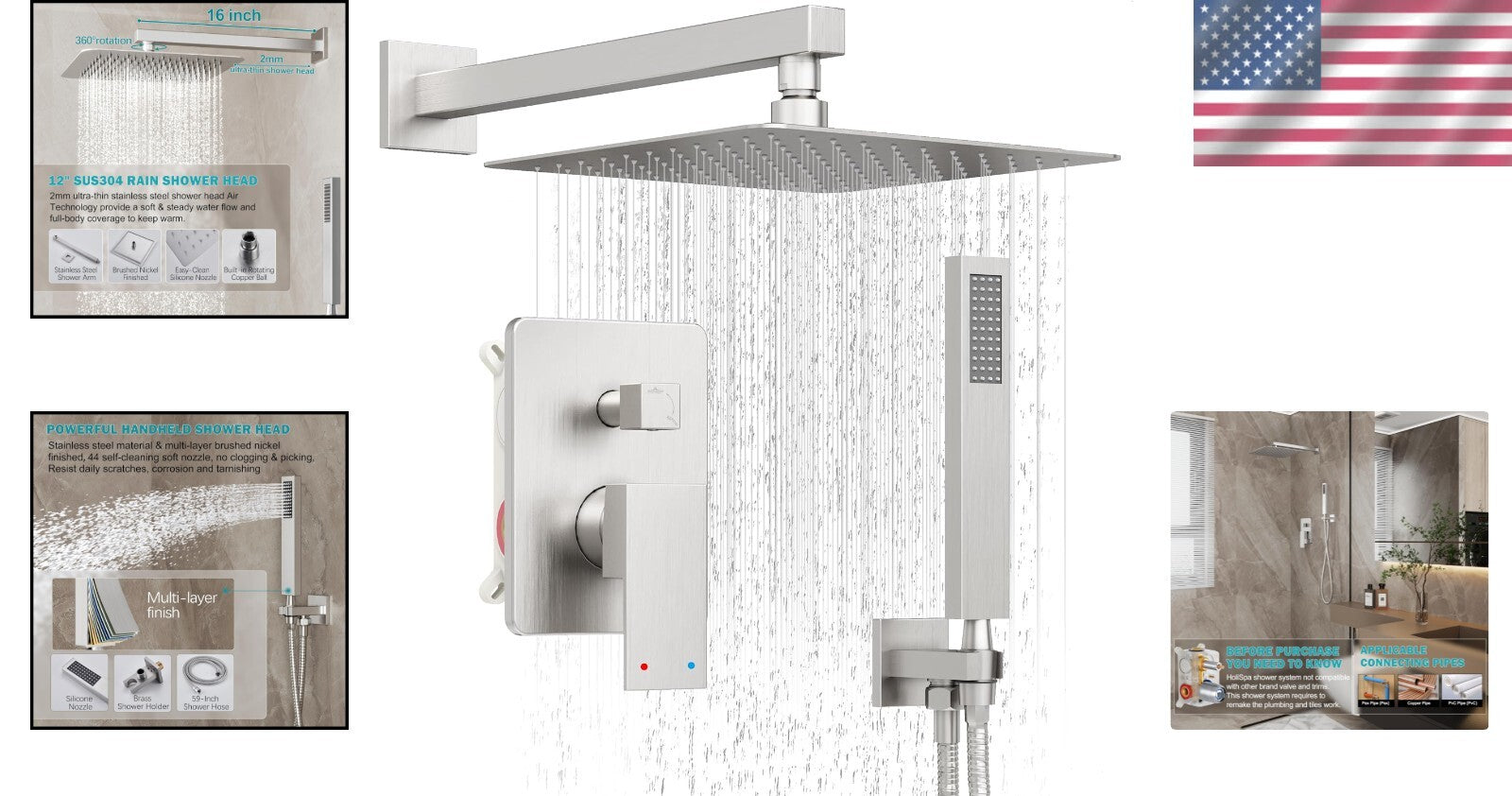 Luxury Brushed Nickel Shower System: 12-Inch Rain Shower Head & Handheld Spray