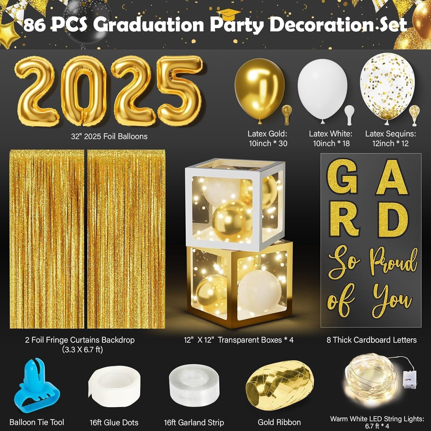 Stylish Gold & White Graduation Supplies Set with LED Lights - Class of 2025