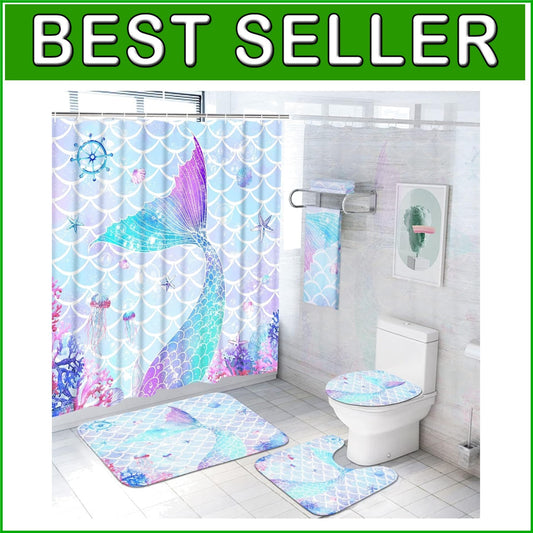 Delightful 7-Piece Mermaid Bathroom Set: Shower Curtain, Rugs & Towels Included