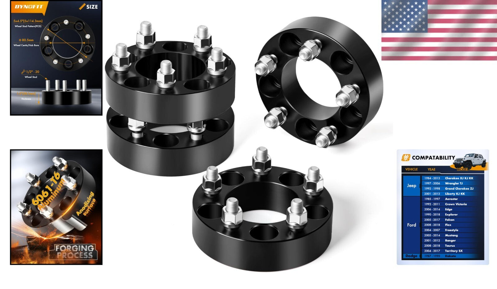 Forged Wheel Spacers 5x4.5" with DACROMAT Bolts - Enhance Jeep Performance