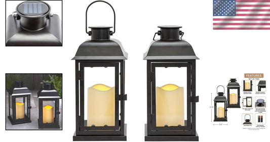 Modern 11 Inch Tall Solar Lantern Set with Stylish Black Metal and Glass Design