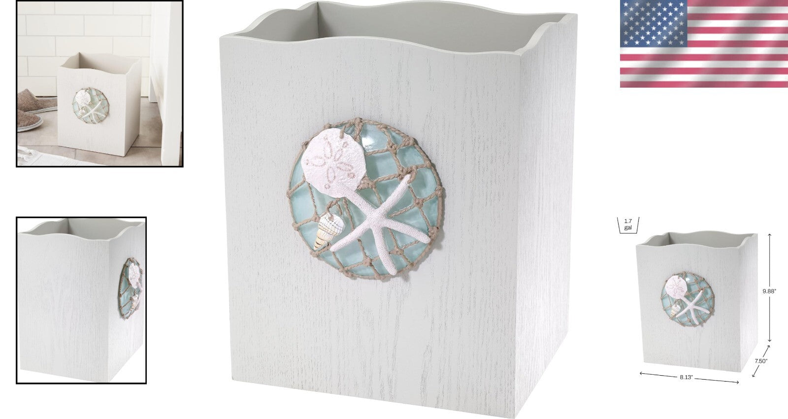 Hand-Painted Resin Trash Can with Nautical Design - Beach Home Essential