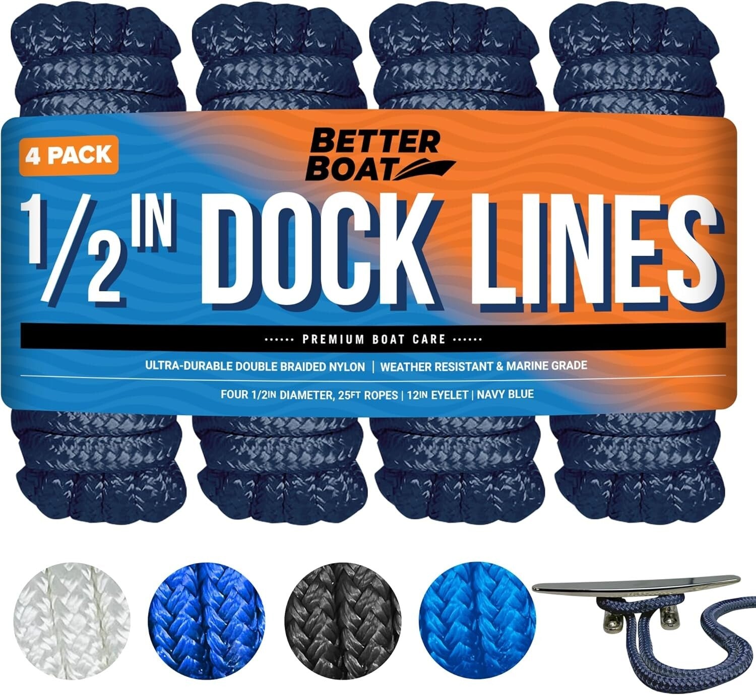 Saltwater Resistant Braided Docking Lines - 1/2 Inch Nylon, 25FT in Navy - 4PK