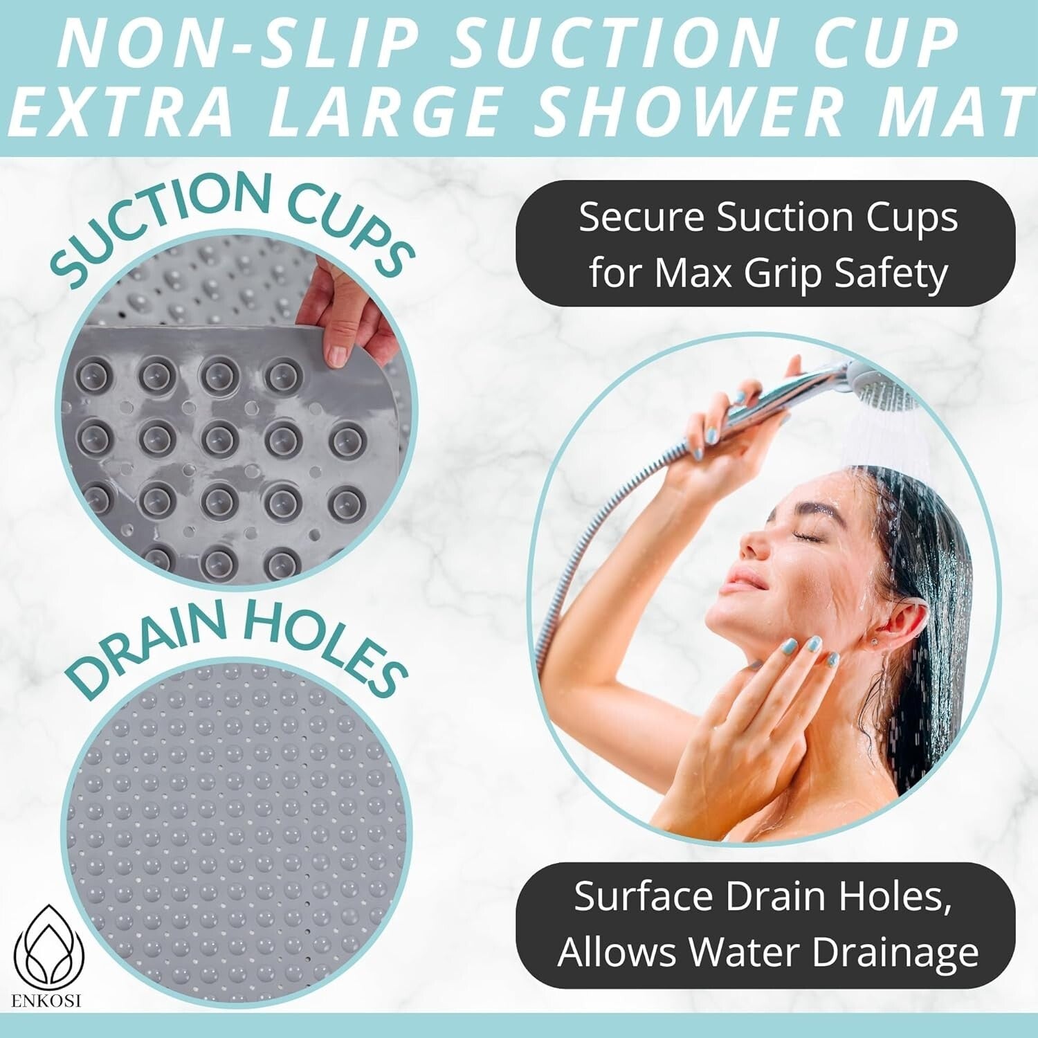 47" x 32" Heavyweight Non-Slip Shower Mat with Suction Cups & Easy Drainage