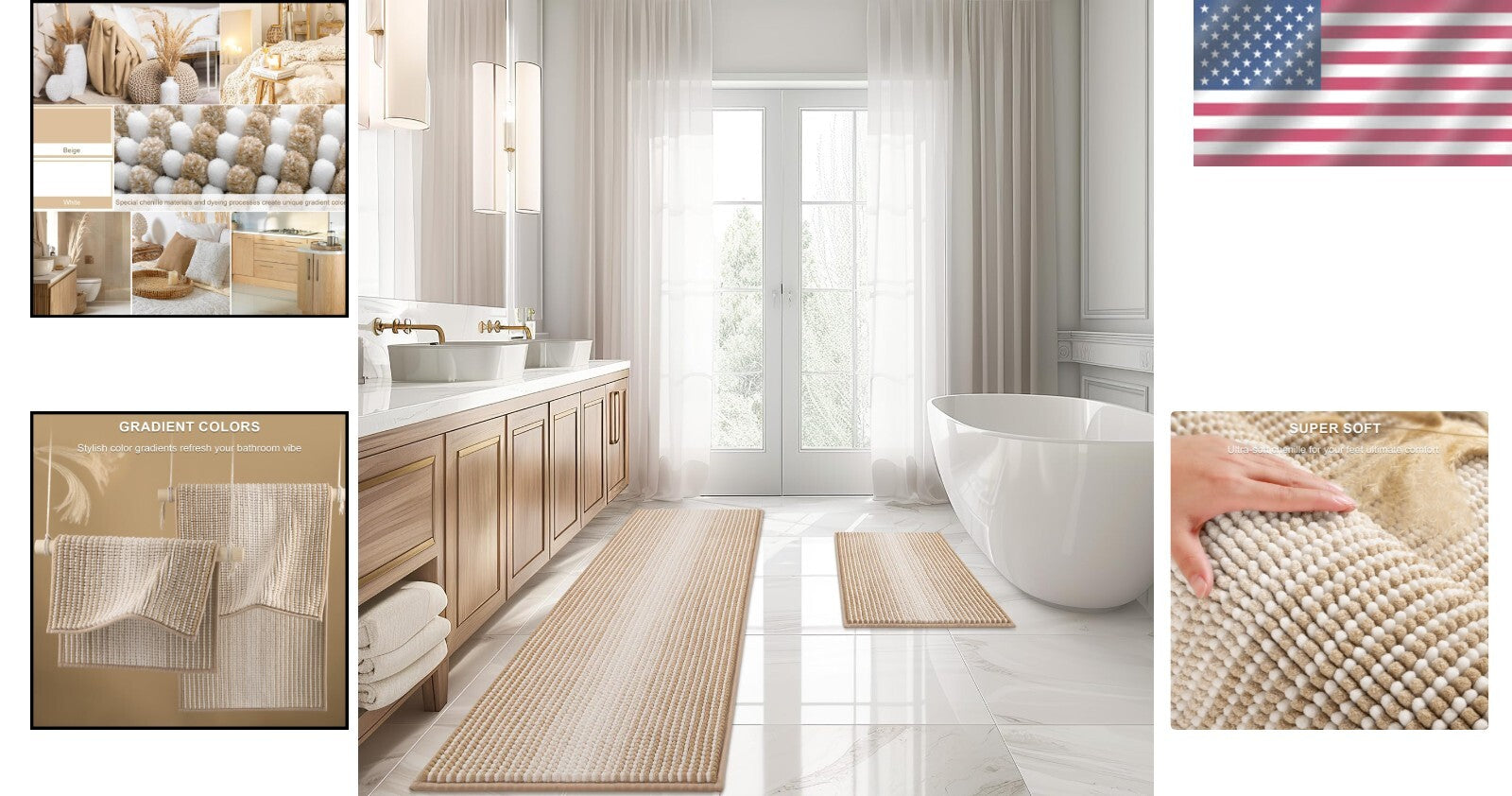 Thick Chenille Bath Mat Set in Beige - Non-Slip & Quick-Drying (20" x 60")