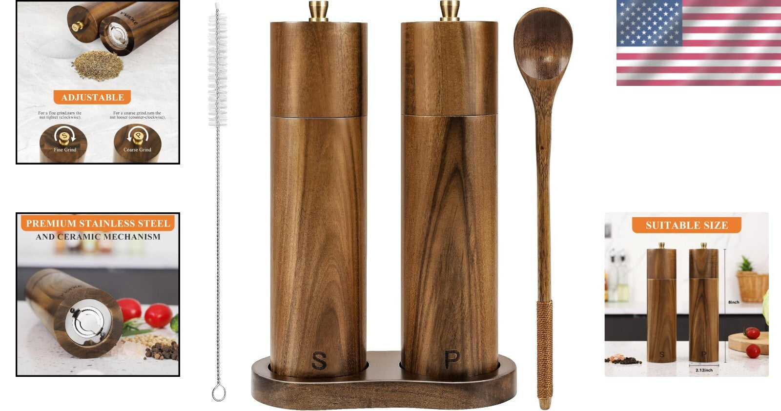 8-Inch Manual Salt and Pepper Grinders - Adjustable Coarseness & Natural Wood