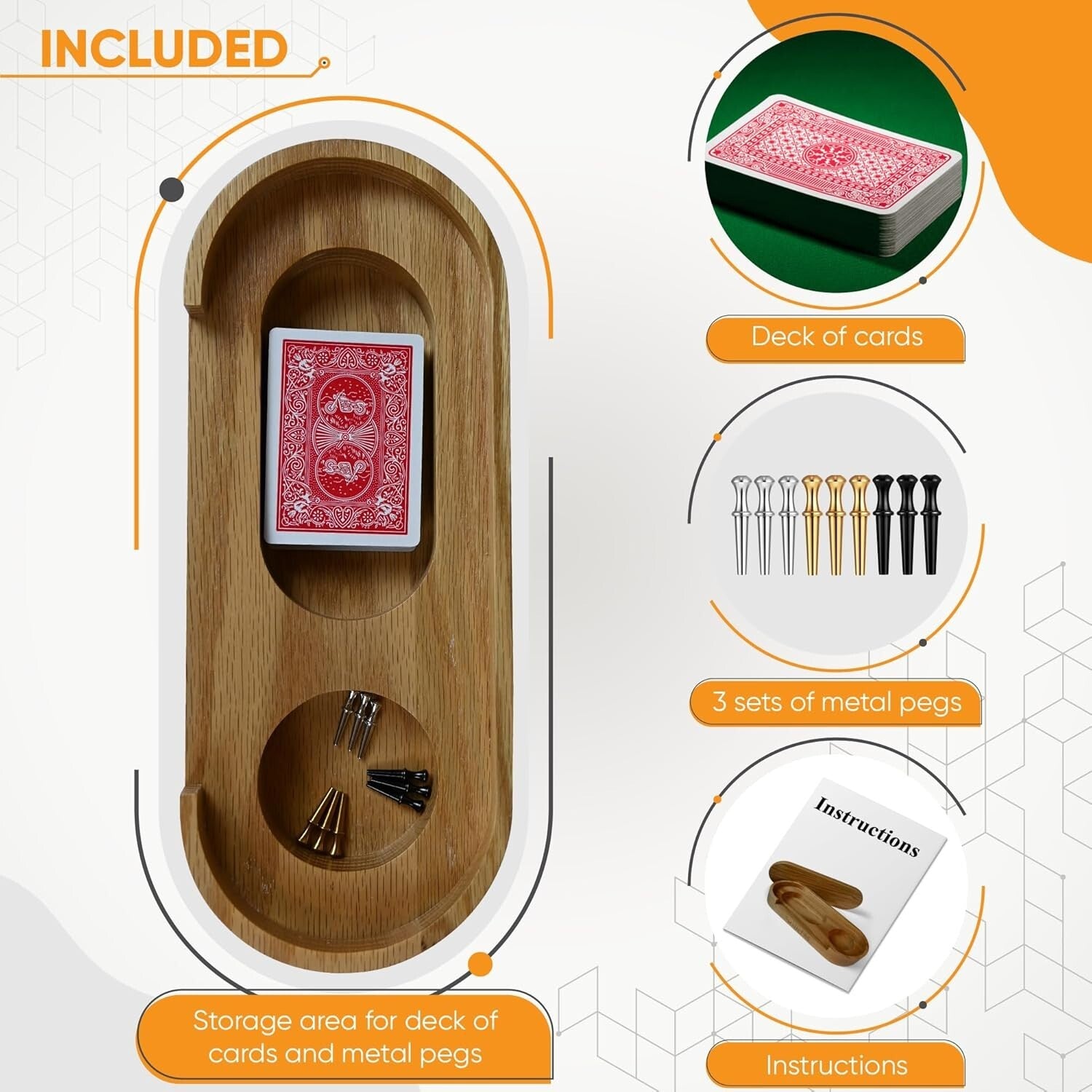 Luxury Oak Wood Cribbage Board Set - Complete with Cards, Pegs & Instructions