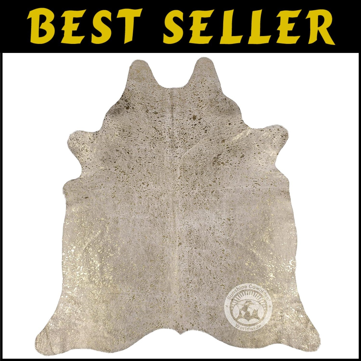 Large Metallic Gold On Off White Cowhide Area Rug - Unique 6x8 Ft. Animal Shape
