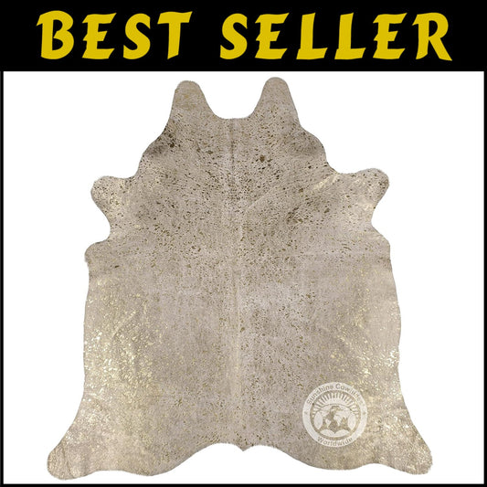 Large Metallic Gold On Off White Cowhide Area Rug - Unique 6x8 Ft. Animal Shape