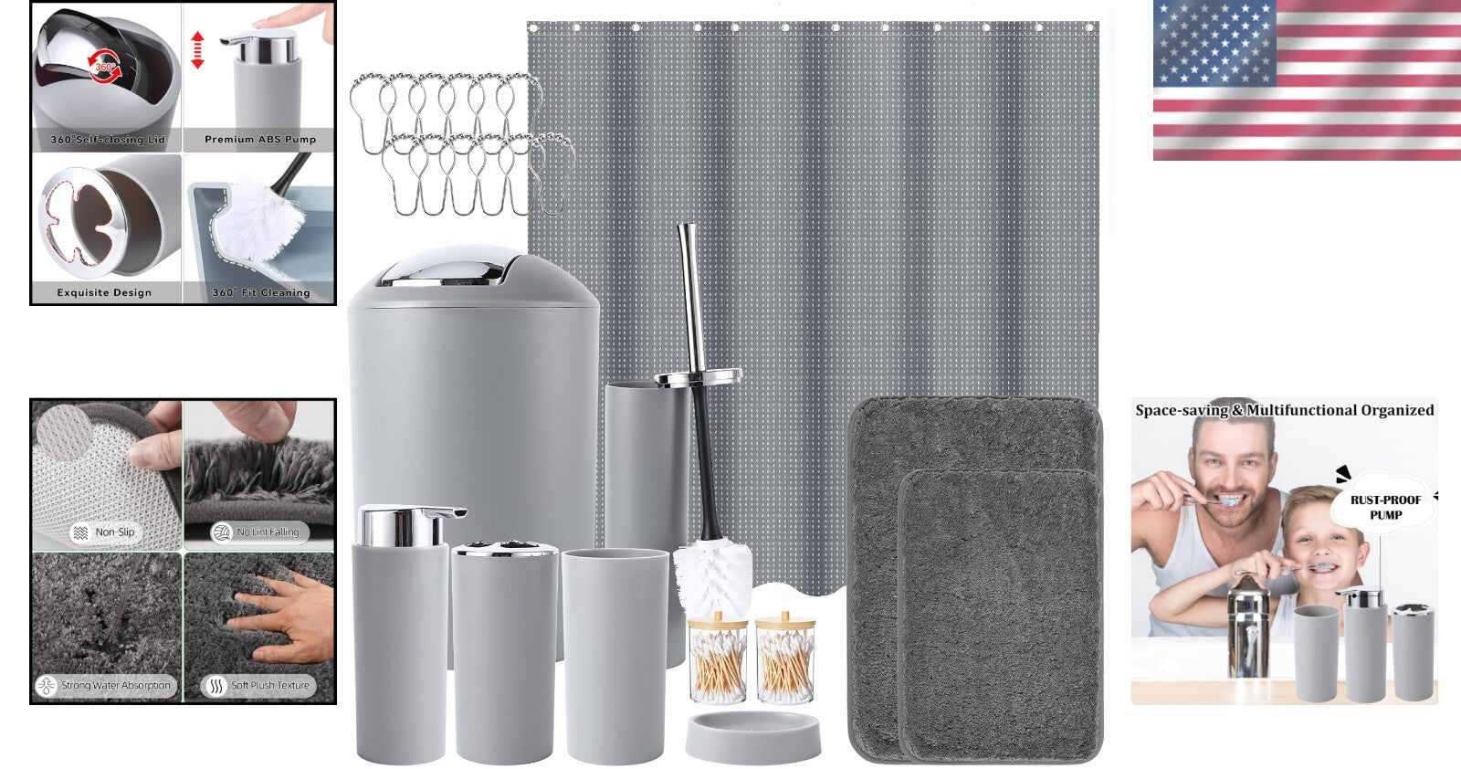 Durable Bathroom Decor 24PCS Set with Shower Curtain + Soft Microfiber Rugs