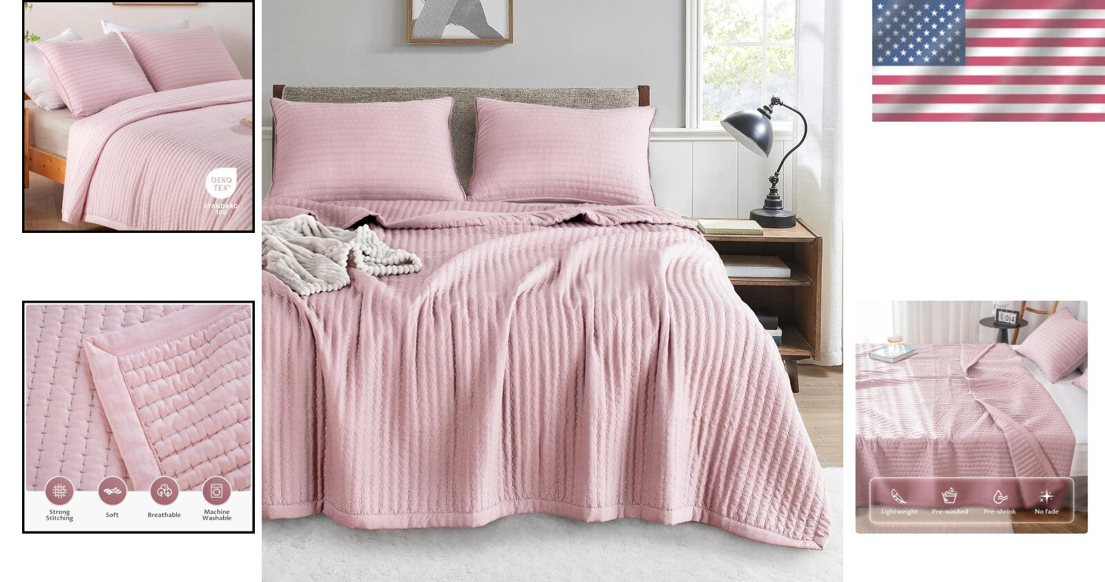 Stone Washed Minimalist Quilt Mini Set - Soft Microfiber Full/Queen + 2 Shams