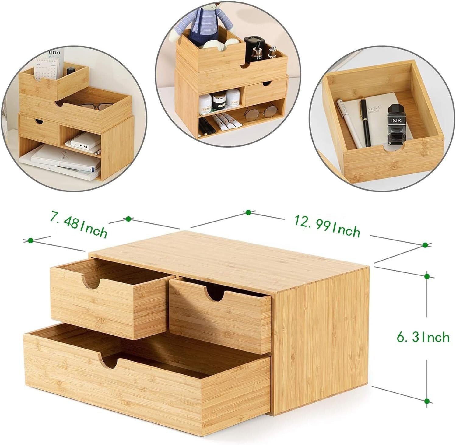 Sustainable Bamboo Mini Desktop Drawer Organizer - Fully Assembled, 3 Drawers
