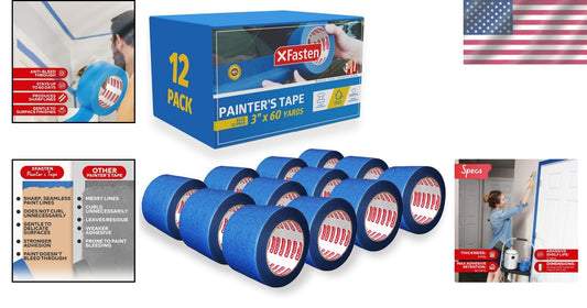 Bulk Blue Painters Tape - 3-Inch x 60-Yards, 12 Rolls for Sharp, Mess-Free Lines