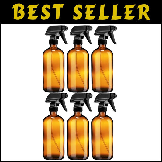 Refillable 16 oz Amber Glass Spray Bottles with Mist & Stream Settings - 6 Pack