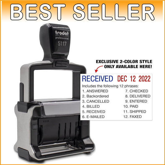 Durable 12-Message Professional Date Stamp with Built-In Ink Cover - 5117 Model