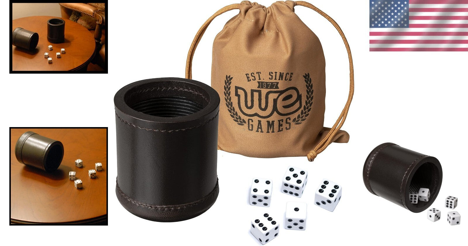 Handmade Luxury Dark Brown Leather Dice Cup Set with 5 Dice & Carry Bag